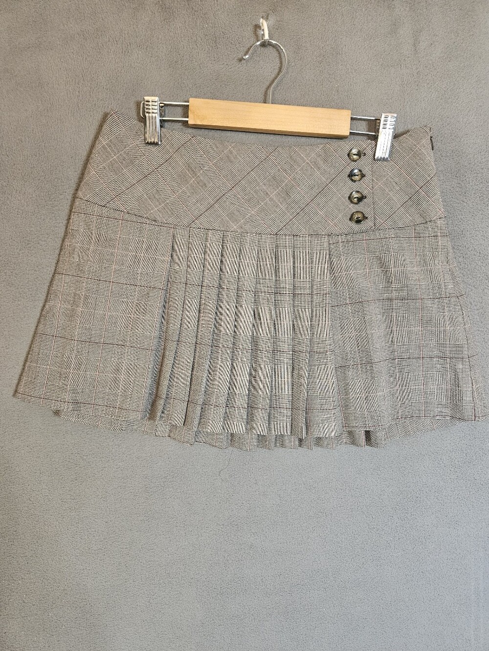 A Byer Womens 7 Micro Skirt Schoolgirl Y2K Brown Plaid Pleated Side Buttons Goth
